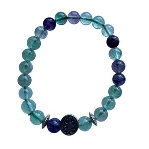 New Healing Stone Fluorite Bead Peace Leaf Charm Stretch Bracelet Clarity Focus
